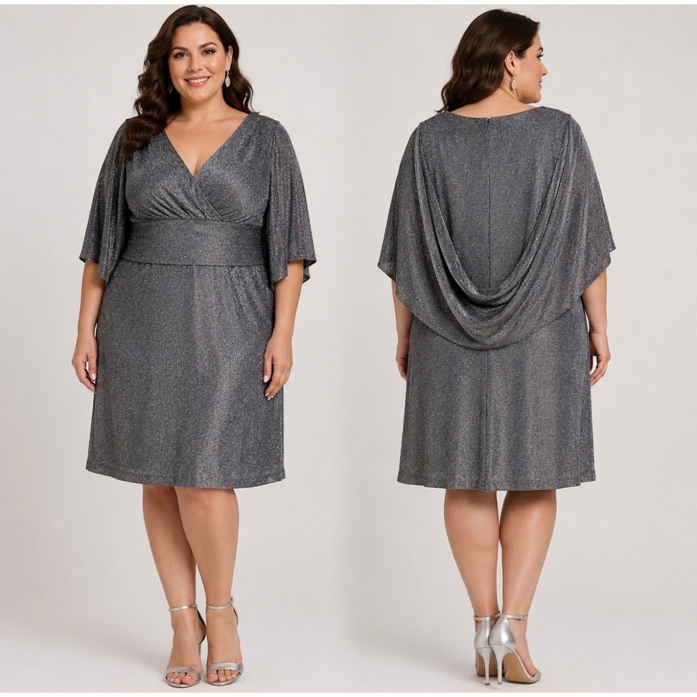 Alex Evenings 16W Silver Metallic Cape‎ Overlay Cowl Back Formal Cocktail Dress